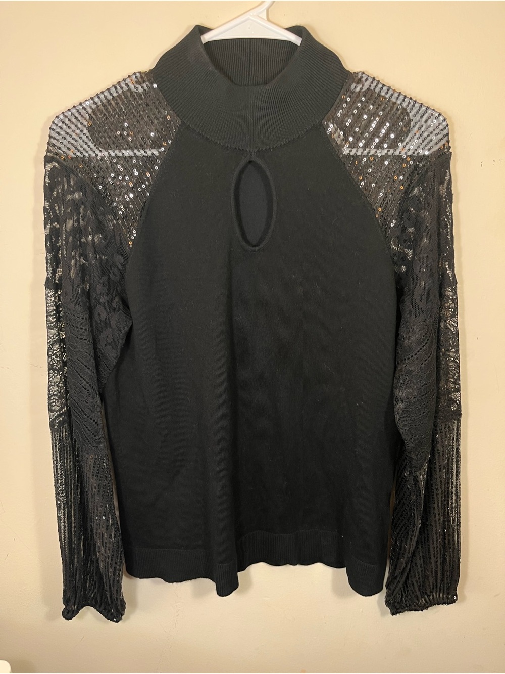 Belldini Black Mock Neck Sequin & Lace Sleeve Sweater